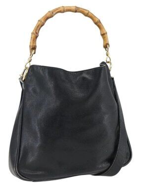 GUCCI Bamboo Hand Bag Leather 2way Black Gold 001 2123 1638 Auth ep13245